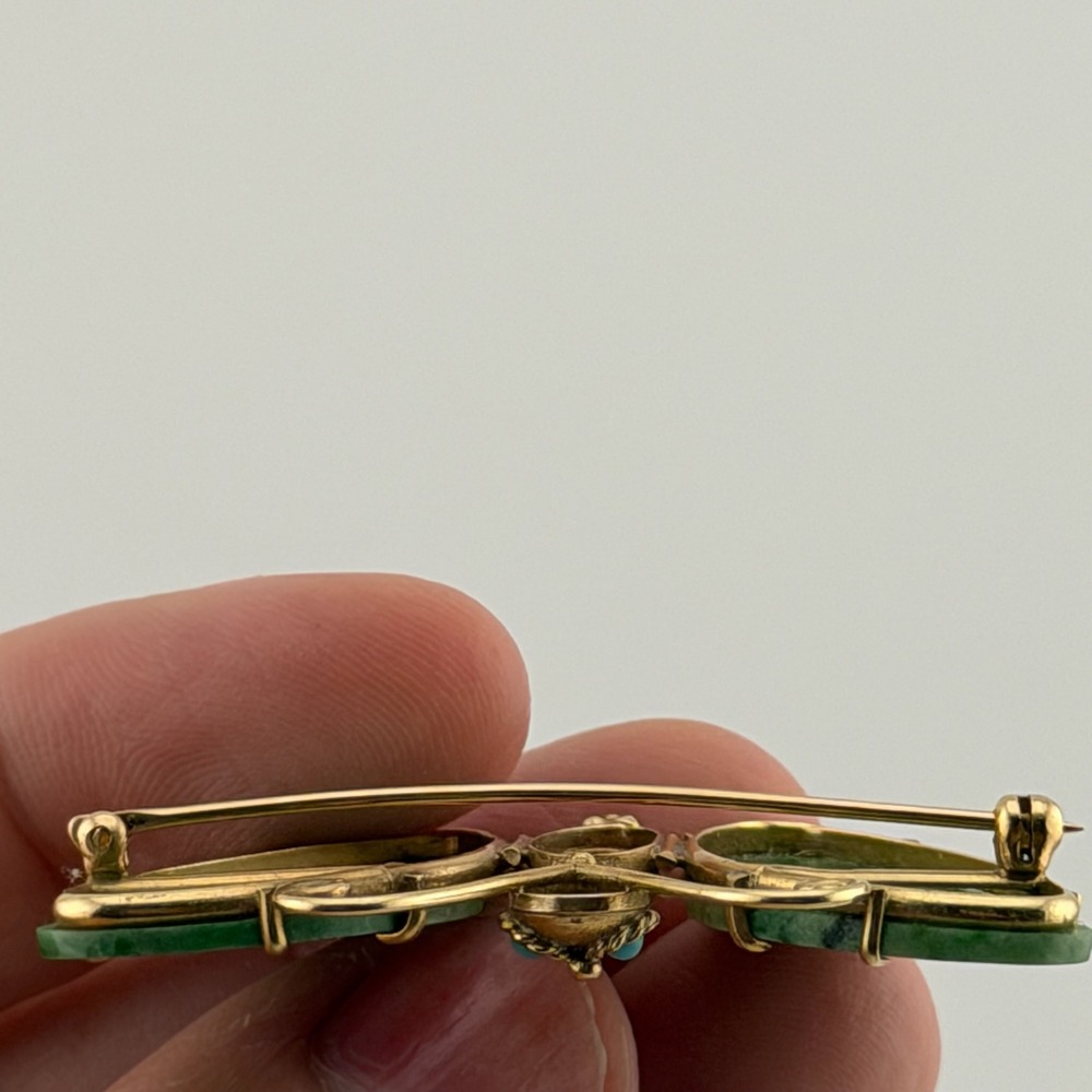 Vintage 18K Gold Moth Butterfly Brooch Carved Green Jade Coral Stone Turquoise - Picture 13 of 14